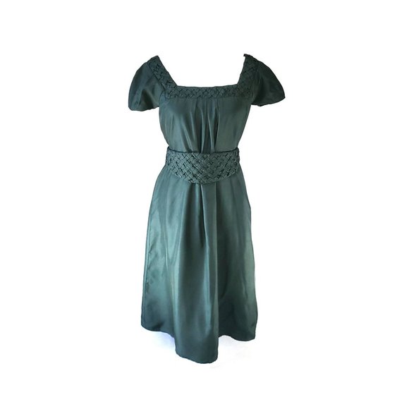 Hoss Intropia Hunter Green Silk Belted Midi Dress Cummerbund Tie Size 36 Medium - Picture 1 of 8